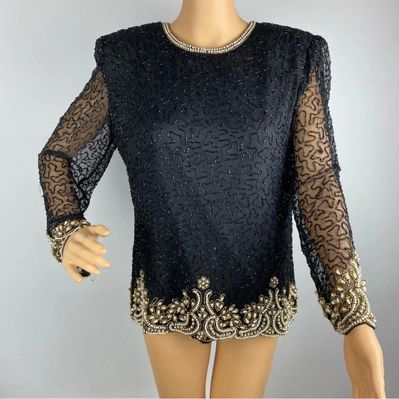 Vintage Laurence Kazar 100% Silk Womens Large Beaded Blouse SEE ALL. - Picture 1 of 7